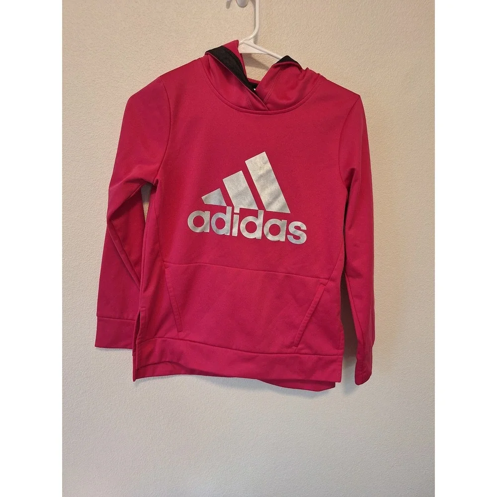 Adidas Girls Pink Silver Metallic Logo Fleece Pullover Hoodie Size Large 14